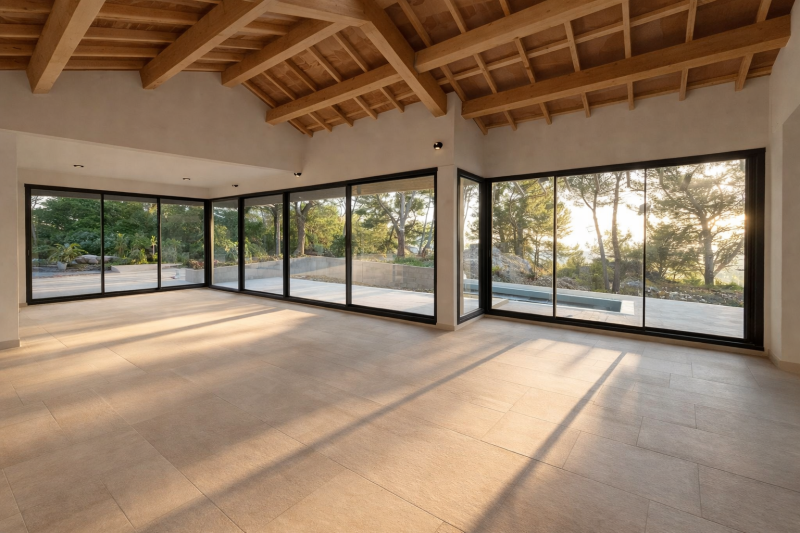 Installation d’une baie vitrée coulissante d’angle sans poteau en aluminium sur Aix en Provence, avec 7 vantaux et 4 rails 