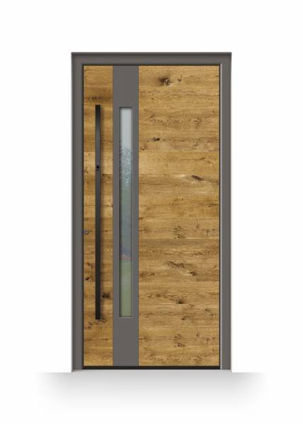 Porte d'entrée en aluminium haut de gamme décor bois avec barre de tirage noire à Vedène près d'Avignon (84)